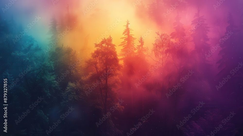 Aufkleber chromatic fog enveloping a dense forest, with colorful mist creating a mystical and surreal ambiance