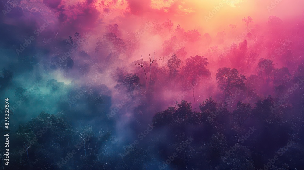 Aufkleber chromatic fog enveloping a dense forest, with colorful mist creating a mystical and surreal ambiance