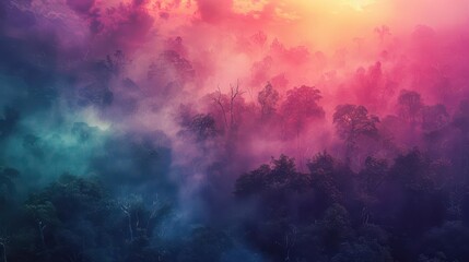 Chromatic fog enveloping a dense forest, with colorful mist creating a mystical and surreal ambiance, casting an otherworldly spell over the landscape.