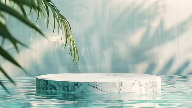 marble podium stand in swimming pool water with palm leaves. Summer tropical background for luxury product placement