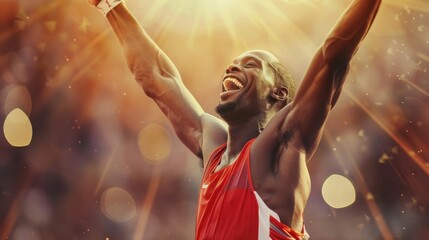 A triumphant athlete celebrating with arms raised in victory, capturing the joy and emotion of a successful sports achievement.