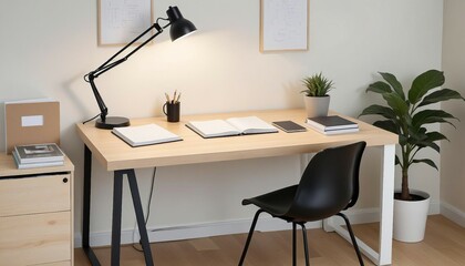 desk featuring a single work lamp illuminating an orderly arrangement of notebooks and books, light-colored wood or white desk, black metal chair frame

