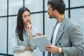 Obraz premium Two coworkers using a digital tablet and talking while standing outside. Modern business colleagues chatting together in front of office building on their way to work. Businesspeople collaboration