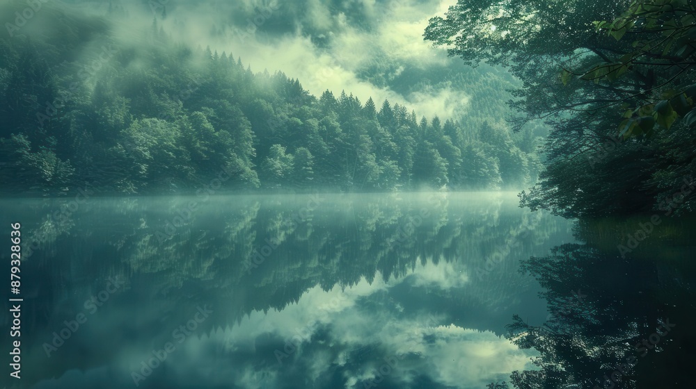 Aufkleber mystical reflection of a serene lake with supernatural elements mirrored on its surface