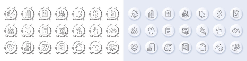 Teapot, Leaf and Inspect line icons. White pin 3d buttons, chat bubbles icons. Pack of Meeting, Treasure map, Translate icon. Salary employees, Approved checklist, Psychology pictogram. Vector