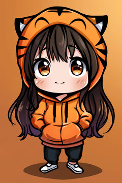 Playful chibi girl in a cute tiger hoodie character illustration for childrens books or merchandise.