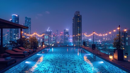 Fototapeta premium Nighttime Cityscape with Rooftop Pool