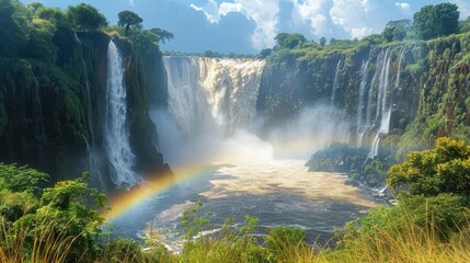 Fototapeta premium A breathtaking view of a majestic waterfall surrounded by lush greenery and a vibrant rainbow, evoking a sense of awe and natural beauty in a pristine, untouched environment.