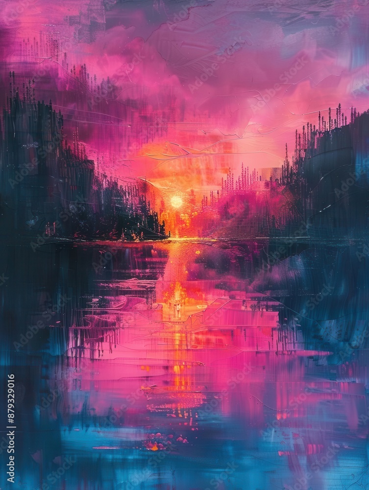 Poster neon reflections in a serene lake with vibrant, glowing elements mirrored on its surface create a me