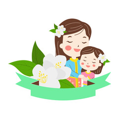 Thailand mothers day. Vector cartoon frame with woman and girl