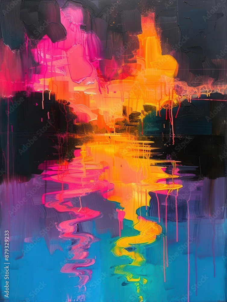 Poster the serene lake reflects neon lights and vibrant elements, creating a mesmerizing display on its sur