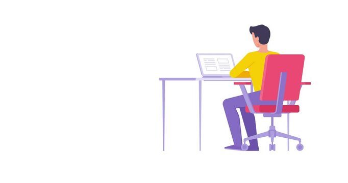 Male developer user business employee working on computer sitting at workplace in home or office flat animation