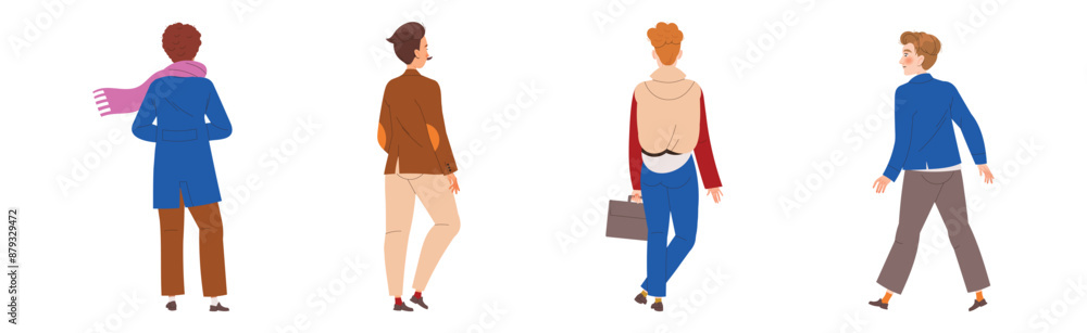 Poster people characters standing in row back view vector illustration set
