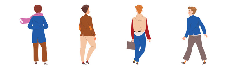 People Characters Standing in Row Back View Vector Illustration Set