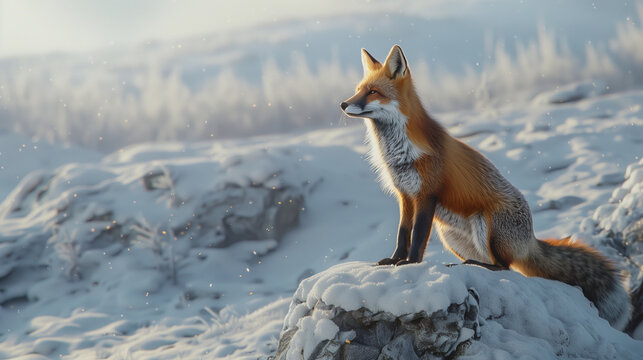 A red fox is sitting on a snow-covered rock in the middle of a snowy field. 