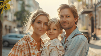 Happy smiling parents with kids on in a street