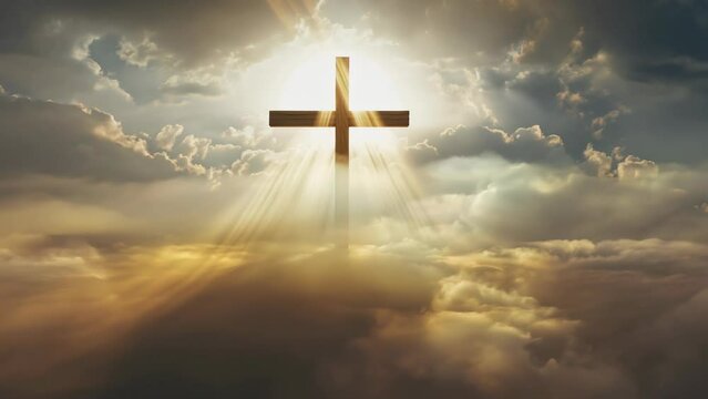 Glowing cross in dramatic sky with sunbeams
