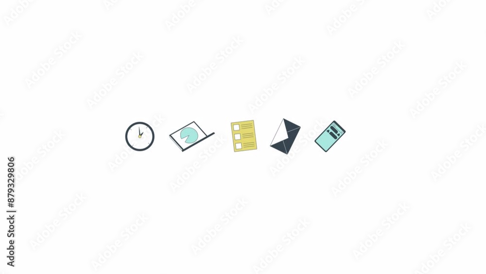 Poster office essentials in row line 2d objects animation. digital devices and supplies for work flat color