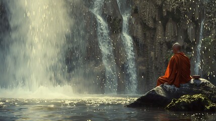 Obraz premium Tranquil Serenity: Meditating Monk Finding Peace by the Flowing Waterfall