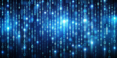 DARK BLUE BACKGROUND FILLED WITH STREAMING BINARY CODE SEQUENCES OF ONES AND ZEROS IN RANDOM PATTERN TO REPRESENT CYBER SECURITY AND DIGITAL TECHNOLOGY