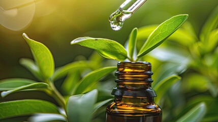 tea tree essential oil drips into the bottle. Selective focus