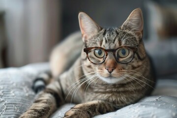 Tabby cat resting on a soft blanket while wearing eyeglasses