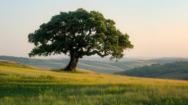  an old tree is highlighted against a backdrop of rolling hills and a distant horizon