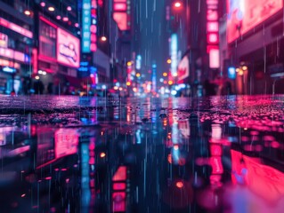 Fototapeta premium Techno-reflections in a futuristic cityscape with neon lights and digital elements create a mesmerizing display of urban innovation.