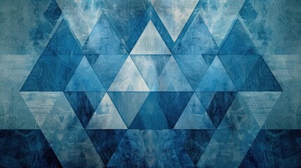 A mesmerizing abstract background with triangular geometric patterns in tonal textures, blending light and dark shades of blue with intricate canvas textures for a rich, symmetrical design.