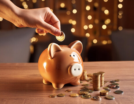 Hucha con forma de cerdito rosa, una mano mete monedas dentro de la hucha de ahorros.