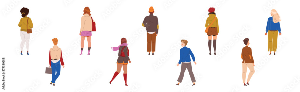 Poster people characters standing in row back view vector illustration set