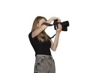 Young woman taking photo on digital camera isolated