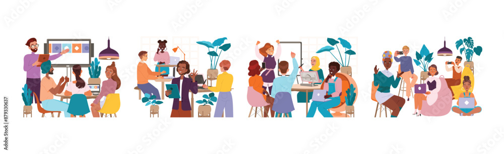 Wall mural People Leader Characters Working in Coworking Space Using Gadgets Vector Set