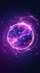 Fototapeta premium Abstract neon energy sphere of particles and waves of magical glowing on a dark background, circle and loop frames with magic purple and pink flame and sparks isolated on transparent.