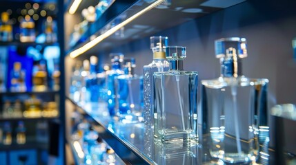 Perfume bottles displayed on a shelf in a boutique, reflecting soft ambient light.