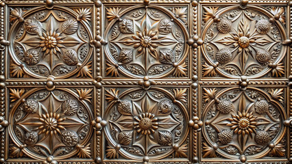 Intricately designed, vintage-inspired decorative tin ceiling tiles feature a vibrant, ornate pattern with floral motifs, perfect for interior design and architectural backgrounds.