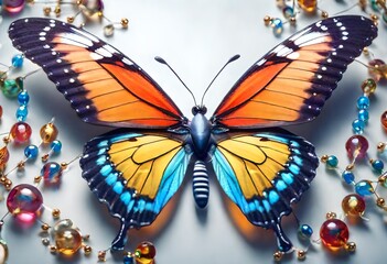 Obraz premium butterfly on a white background, beads on white background, top view of butterfly on white background 