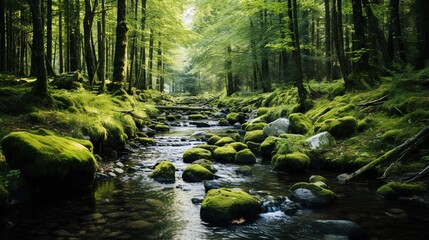 Obraz premium Serene Stream Flowing Through a Lush Green Forest