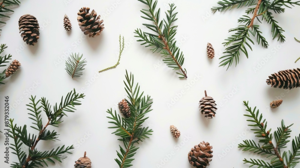 Canvas Prints Minimalistic Christmas background with thuja branches and cones