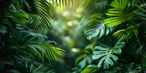 Diverse green foliage in vibrant tropical rainforest canopy captured in closeup. Concept Tropical Rainforest Canopy, Green Foliage, Closeup Photography