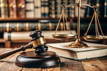 Justice and the law. A wooden hammer, books and scales on the table. The court session.