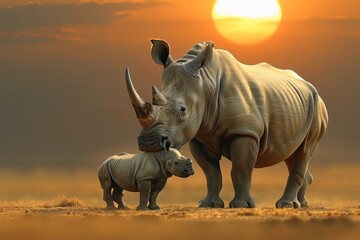 Obraz premium A rhinoceros baby with its mother in the savannah.