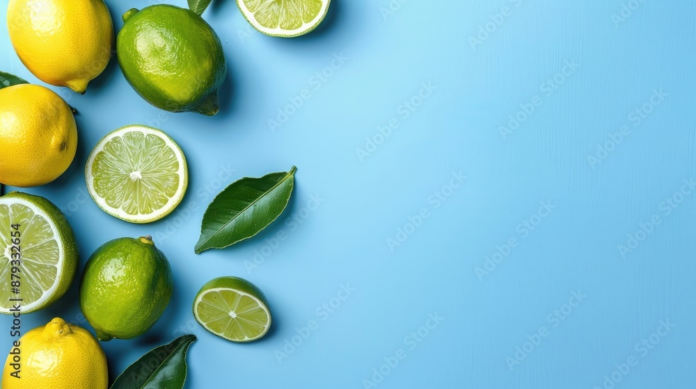 Sticker simple flat lay featuring lime and lemon on blue retro background with space for text