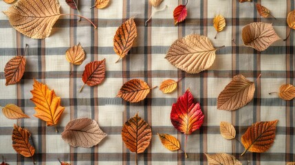 Autumn themed creative photo with dry leaves on beige plaid background