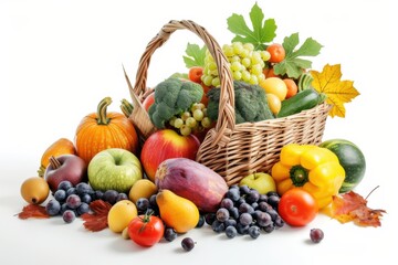 A harvest basket with fresh vegetables and fruits. Thanksgiving still life on background