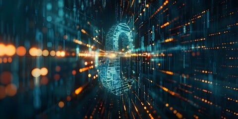 Fototapeta premium Symbol of Protection Cybersecurity Lock in the World of Binary Code. Concept Cybersecurity, Protection, Binary Code, Technology, Digital Security