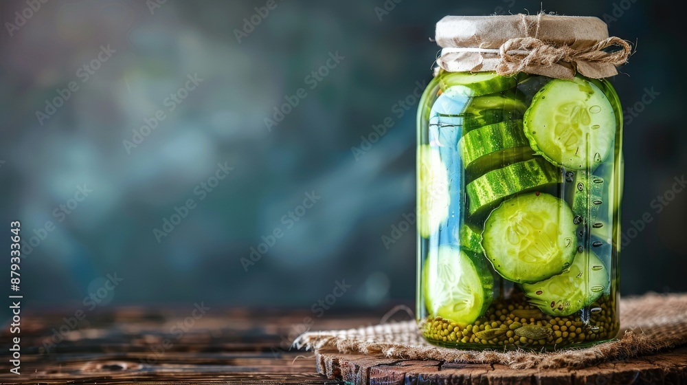 Poster homemade pickled cucumbers in a jar with room for text