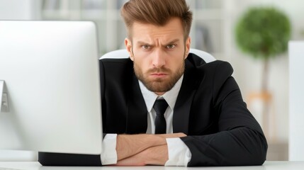 Fototapeta premium Focused young man with beard working at computer in office.