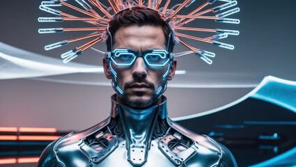 In a futuristic world, a man stands with a mechanical crown and neon-blue glasses, gazing intensely ahead, suggesting the marvels of tomorrow