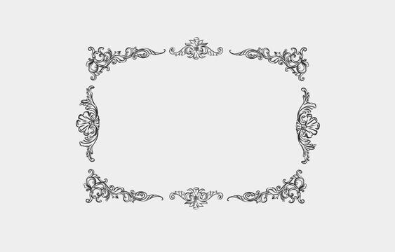 Hand drawn vector abstract outline,graphic,line vintage baroque ornament floral frame in calligraphic elegant modern style.Baroque floral vintage outline design concept.Vector antique frame isolated.